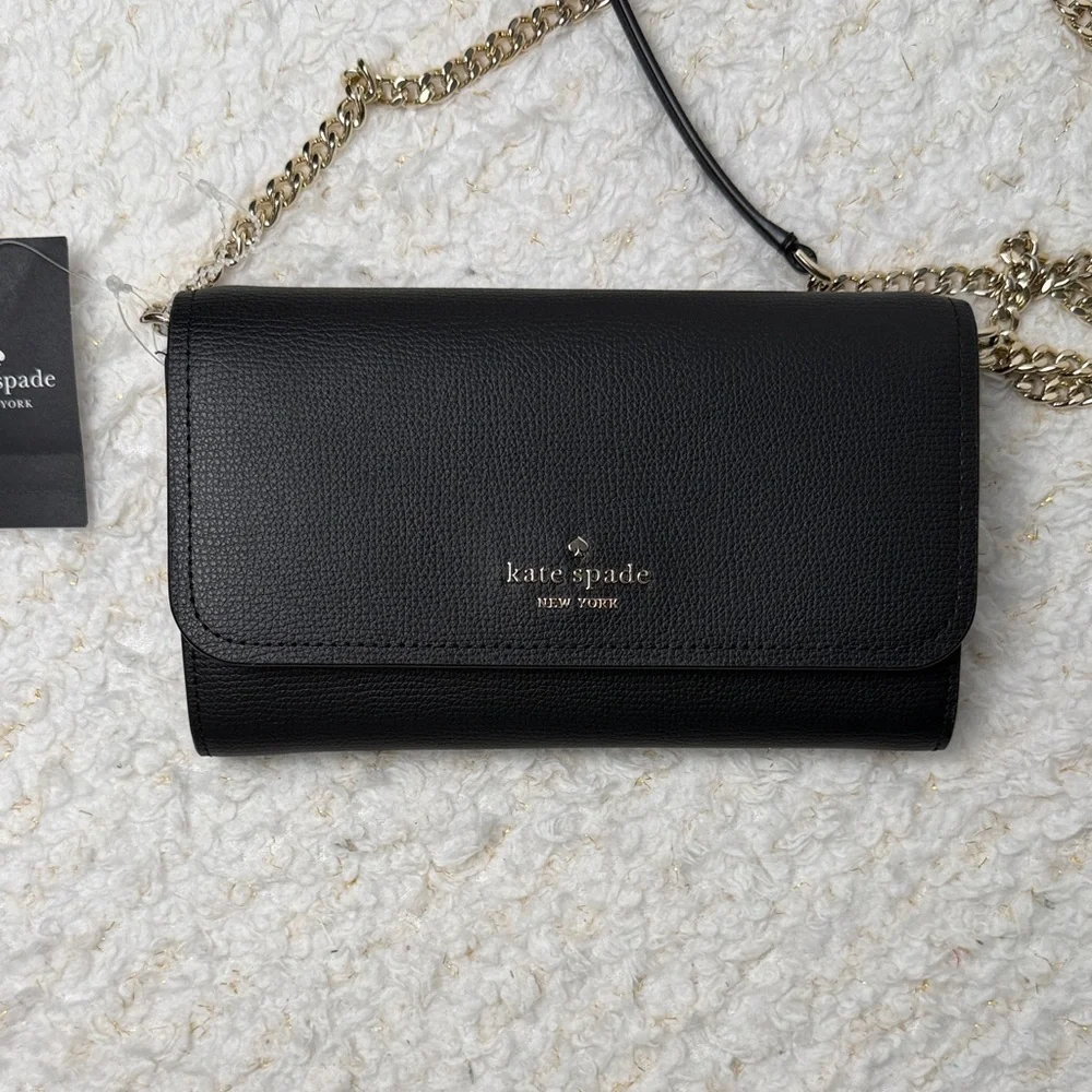 Kate‎ Spade Black Leather Chain Wallet with Cream Interior crossbody